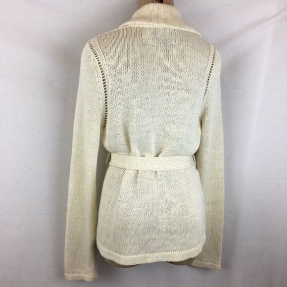 Cassin 100% Linen Ivory Woven Long Sleeve Belted Cardigan Sweater M - Picture 3 of 7